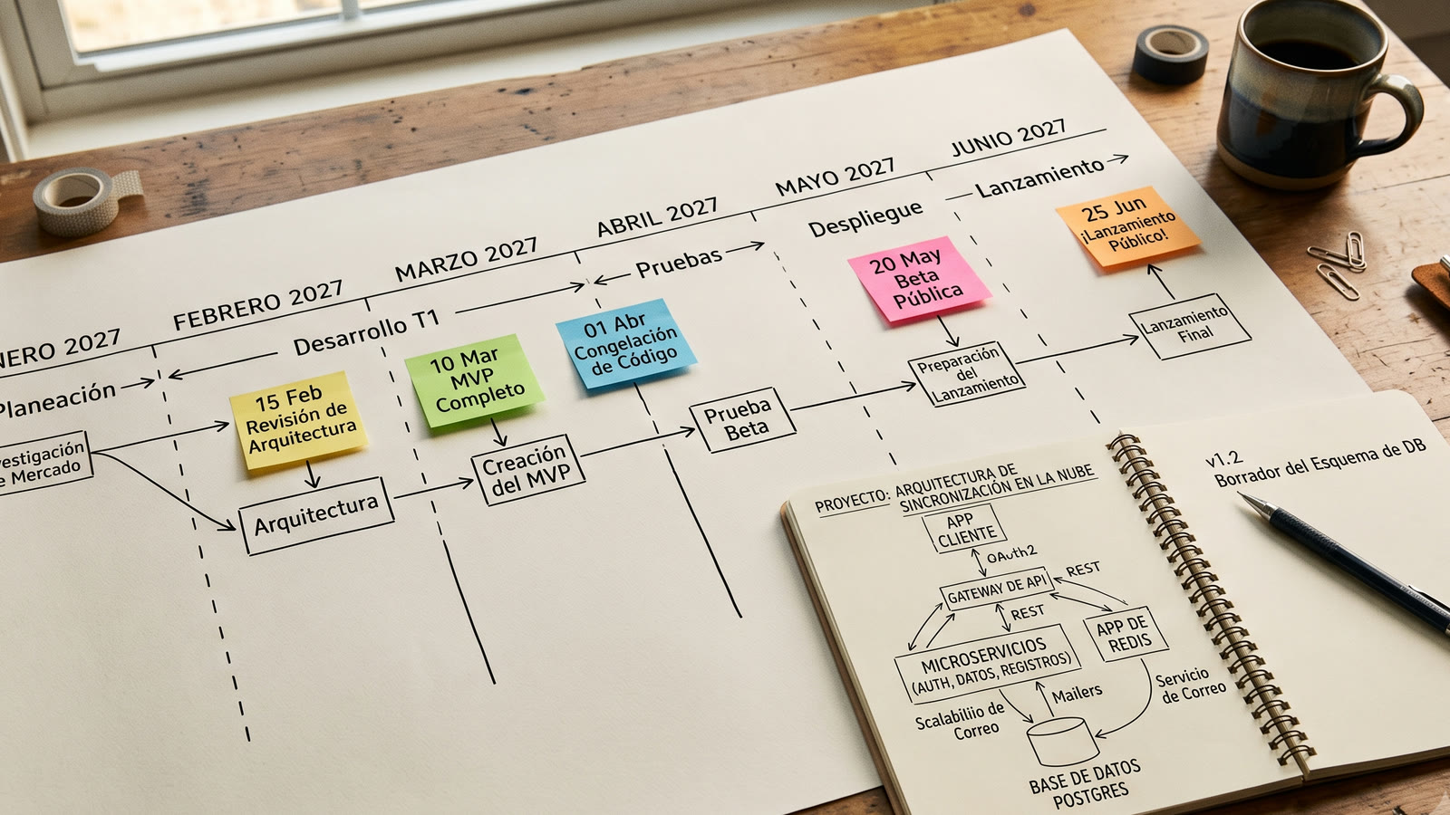 Mesa con timeline de proyecto anotado, ADRs y hojas de decisión — método interno de trabajo de TicMasters.