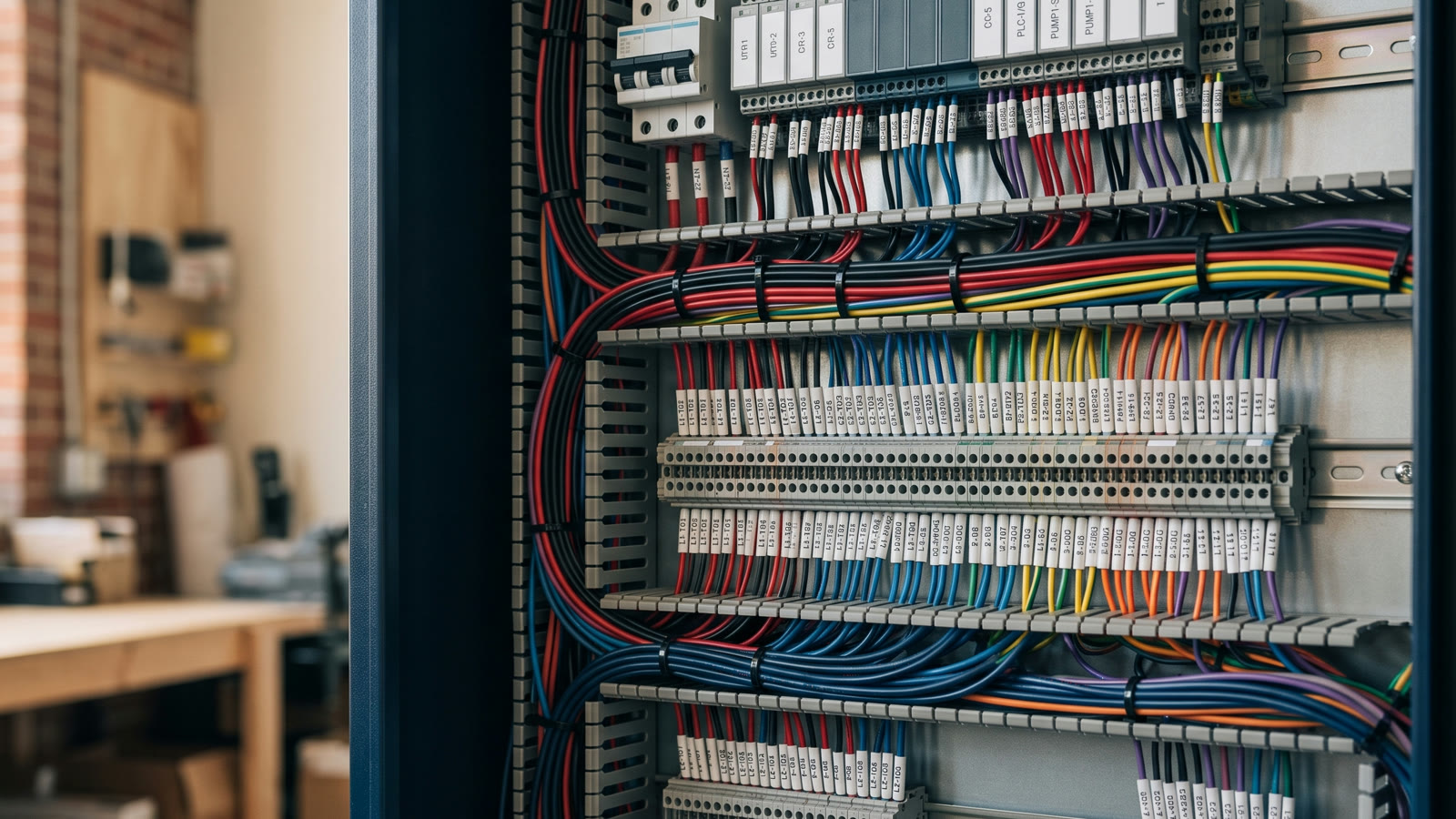 Panel eléctrico industrial con cableado estructurado, breakers y borneras rotuladas. Servicios de ingeniería eléctrica, redes y CCTV en Cartagena TicMasters.