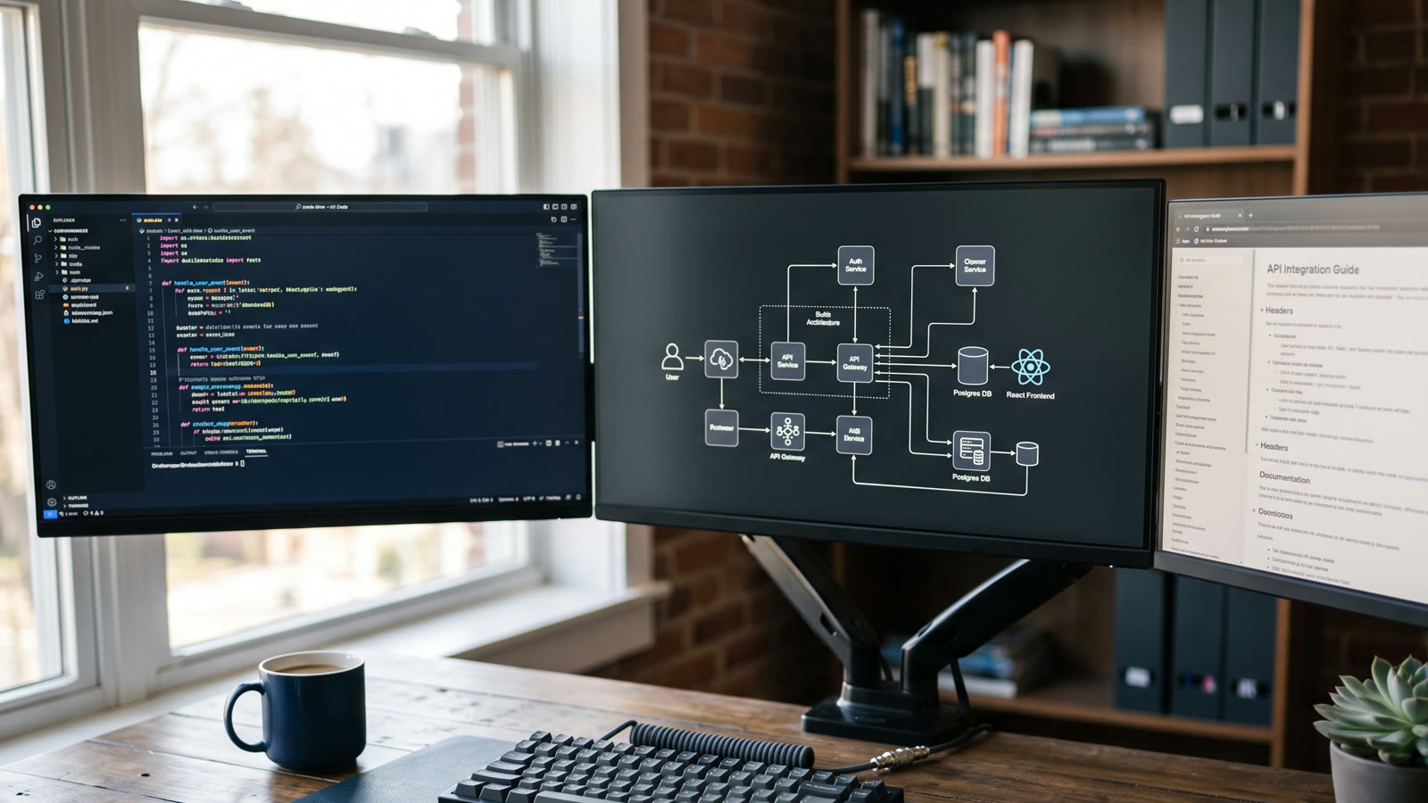 Estación de desarrollo — monitores mostrando código, diagrama de arquitectura de sistema y documentación técnica. Servicios de software empresarial y automatización TicMasters.